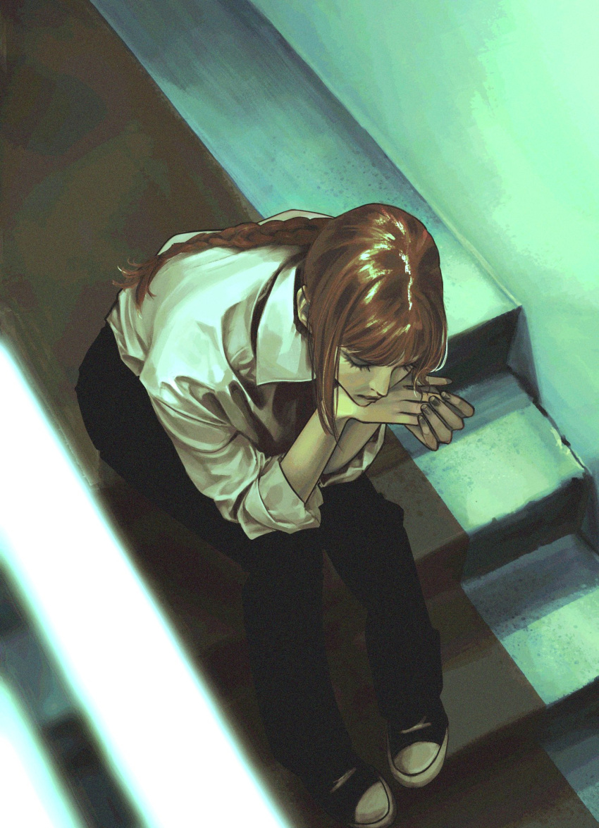 1girl black_pants blurry braid braided_ponytail brown_hair carpet chainsaw_man closed_eyes closed_mouth collared_shirt commentary depth_of_field english_commentary facing_ahead from_above full_body head_rest highres indoors long_hair long_sleeves makima_(chainsaw_man) on_floor own_hands_together pants shirt shoes sidelocks snowberryaki solo stairs waiting