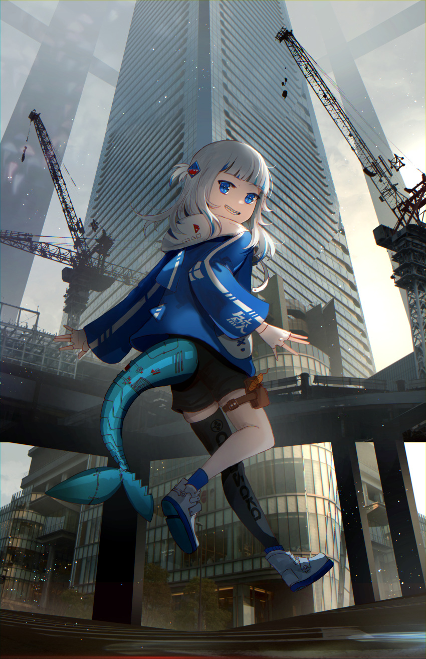 1girl absurdres advarcher alternate_costume black_shorts black_thighhighs blue_eyes blue_hair blue_hoodie blue_socks blunt_bangs building city commentary crane_(machine) cyborg fins fish_tail from_behind full_body gawr_gura grey_hair grin hair_ornament highres hololive hololive_english hood hood_down hoodie long_sleeves looking_at_viewer looking_back mechanical_tail medium_hair midair multicolored_hair outdoors scenery shark_girl shark_hair_ornament shark_tail sharp_teeth shoes shorts single_thighhigh smile socks solo streaked_hair tail teeth thigh-highs two_side_up virtual_youtuber white_footwear