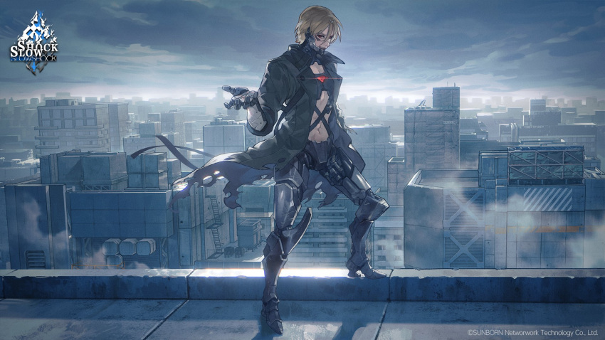 1boy artist_request blonde_hair building cityscape clouds cloudy_sky coat company_name copyright_notice cyborg full_body ganglati_(girls'_frontline) girls_frontline green_coat hair_between_eyes highres long_sleeves looking_at_viewer male_focus mechanical_parts metal_jaw navel nyto_(girls'_frontline) official_art outdoors outstretched_hand paradeus prosthesis prosthetic_arm prosthetic_leg rooftop second-party_source short_hair sky smile solo standing torn_clothes torn_coat