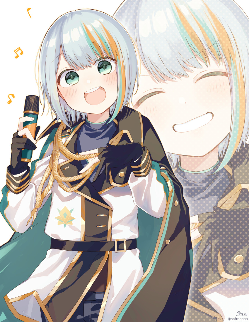 1girl :d ^_^ absurdres beamed_sixteenth_notes black_gloves black_shirt blue_hair blush closed_eyes commentary eighth_note facing_viewer gloves green_eyes grey_hair grin hands_up highres holding holding_microphone jacket long_sleeves looking_at_viewer microphone multicolored_hair multiple_views musical_note orange_hair partially_fingerless_gloves project:yuires puffy_long_sleeves puffy_sleeves quarter_note ratio_yuires shirt signature simple_background smile sofra streaked_hair symbol-only_commentary teeth twitter_username upper_teeth_only virtual_youtuber white_background white_jacket zoom_layer