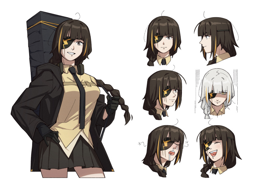 1girl black_gloves black_jacket black_necktie black_skirt braid breasts brown_hair brown_shirt drooling emile_aoi eyepatch girls_frontline gloves grey_eyes grey_hair headphones headphones_around_neck highres jacket long_braid looking_at_viewer m16a1_(girls'_frontline) mole mole_under_eye multicolored_hair multiple_views necktie one_eye_closed open_clothes open_jacket open_mouth orange_hair parted_lips particle_cannon_case pleated_skirt scar scar_across_eye shirt skirt smile straight-on streaked_hair teardrop white_background