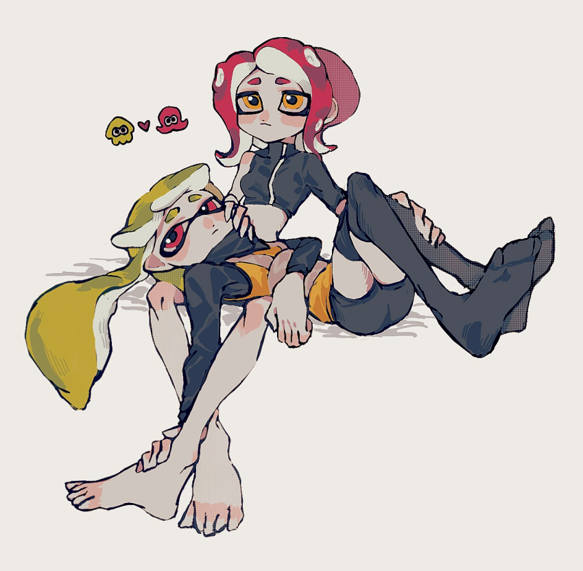 agent_3_(splatoon) agent_8_(splatoon) asymmetrical_sleeves bodysuit closed_mouth high-visibility_vest inkling inkling_girl lime_raimu multiple_girls octarian octoling octoling_girl redhead sleeveless sleeveless_bodysuit splatoon_(series) splatoon_2 splatoon_2:_octo_expansion suction_cups tentacle_hair uneven_sleeves vest yellow_vest