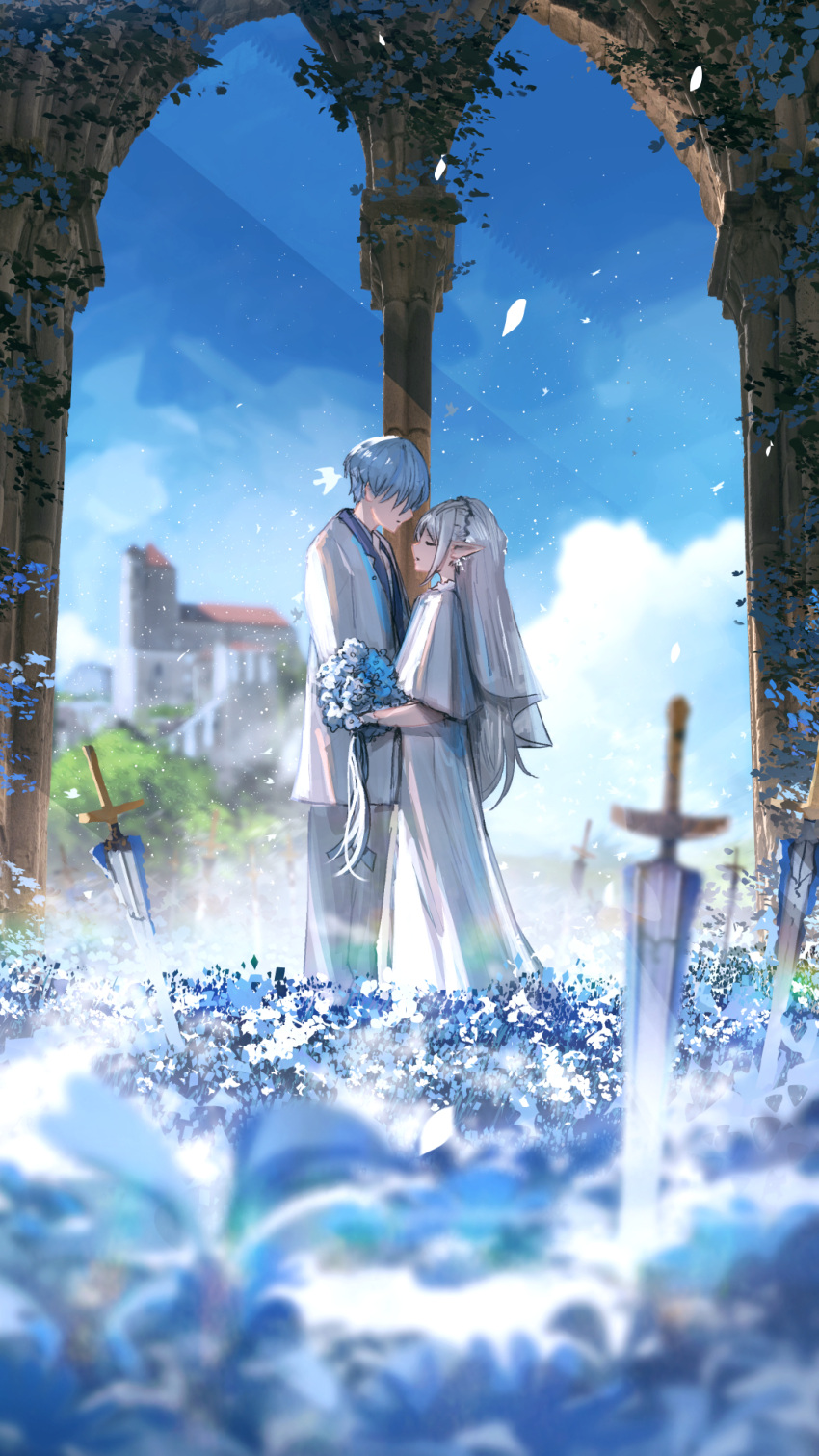 1boy 1girl advarcher blue_flower blue_hair blue_sky blurry blurry_foreground bouquet closed_eyes clouds cloudy_sky commentary couple day dress elf english_commentary field flower flower_field frieren full_body hair_down hair_over_eyes hetero highres himmel_(sousou_no_frieren) holding holding_bouquet light_particles long_hair no_eyes planted planted_sword pointy_ears scenery short_hair sky sousou_no_frieren standing suit sword variant_set very_long_hair weapon wedding wedding_dress white_dress white_hair white_suit wide_shot