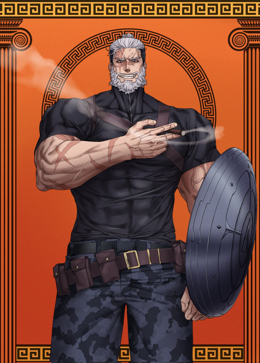 1boy abs beard belt biceps black_hair camouflage camouflage_pants cigarette compression_shirt dobek_k facial_hair feet_out_of_frame highres holding holding_cigarette leather_belt leonidas_(shuumatsu_no_valkyrie) looking_at_viewer male_focus manly mature_male multicolored_hair muscular muscular_male orange_background pants pectorals scar shield short_hair shuumatsu_no_valkyrie smirk smoke solo spiky_hair teeth thick_arms thick_eyebrows tight_clothes veins white_hair