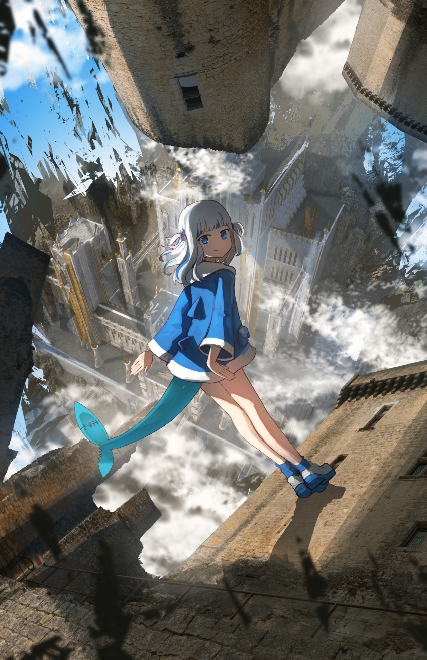 1girl absurdres advarcher blue_eyes blue_hair blue_hoodie blunt_bangs castle closed_mouth commentary day english_commentary fins fish_tail full_body gawr_gura gawr_gura_(1st_costume) grey_hair hair_ornament highres hololive hololive_english hood hood_down hoodie long_sleeves looking_at_viewer looking_back medium_hair multicolored_hair no_pants outdoors shark_girl shark_hair_ornament shark_tail shoes smile sneakers solo standing streaked_hair tail two_side_up virtual_youtuber white_footwear wide_shot wide_sleeves