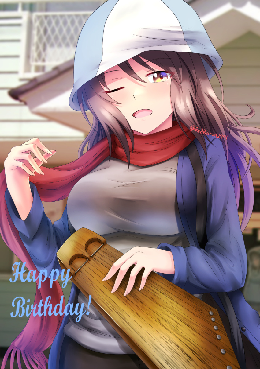 1girl birthday blue_coat blue_headwear blurry blurry_background breasts brown_eyes brown_hair building casual coat commentary cursive day depth_of_field english_text fringe_trim girls_und_panzer grey_shirt half-closed_eyes happy_birthday hat highres holding holding_instrument instrument kantele long_hair looking_at_viewer mika_(girls_und_panzer) one_eye_closed open_clothes open_coat open_mouth outdoors red_scarf redbaron scarf shirt smile solo standing tulip_hat twitter_username