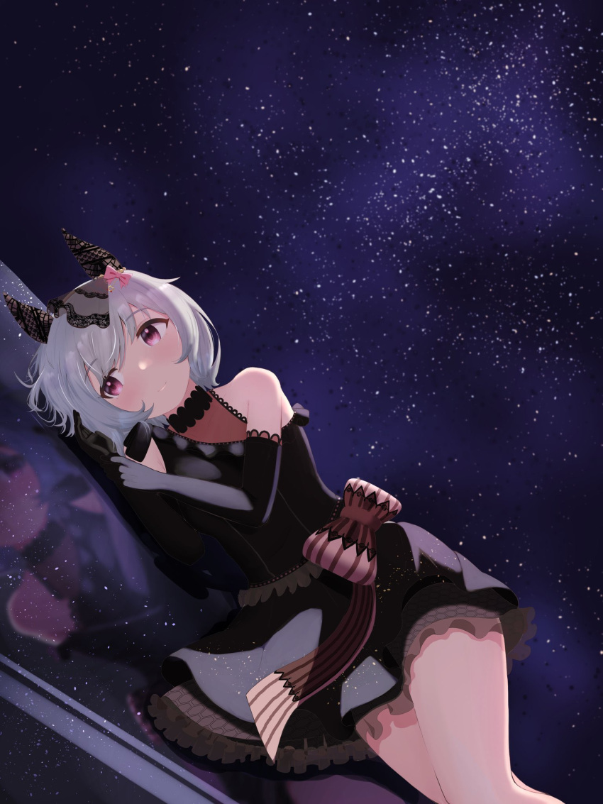 1girl animal_ears bare_shoulders black_dress black_gloves bonchenpint bow breasts curren_chan_(sakutsuki_ma_cherie)_(umamusume) dress ear_covers elbow_gloves gloves grey_hair hashtag_only_commentary highres horse_ears horse_girl horse_tail lying medium_breasts official_alternate_costume on_side pink_bow reflection short_hair sky solo star_(sky) starry_sky tail umamusume violet_eyes