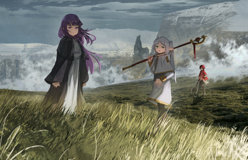 1boy 2girls advarcher axe black_coat black_pantyhose capelet cliff clouds cloudy_sky coat commentary dress elf fern_(sousou_no_frieren) field frieren grass green_eyes half-closed_eyes highres holding holding_axe holding_staff jitome long_coat long_dress long_hair long_sleeves looking_at_viewer mage_staff multiple_girls outdoors overcast pantyhose parted_bangs pointy_ears purple_hair red_coat redhead scenery short_hair skirt skirt_set sky sousou_no_frieren staff standing stark_(sousou_no_frieren) straight_hair twintails violet_eyes white_capelet white_dress white_hair white_skirt wide_shot