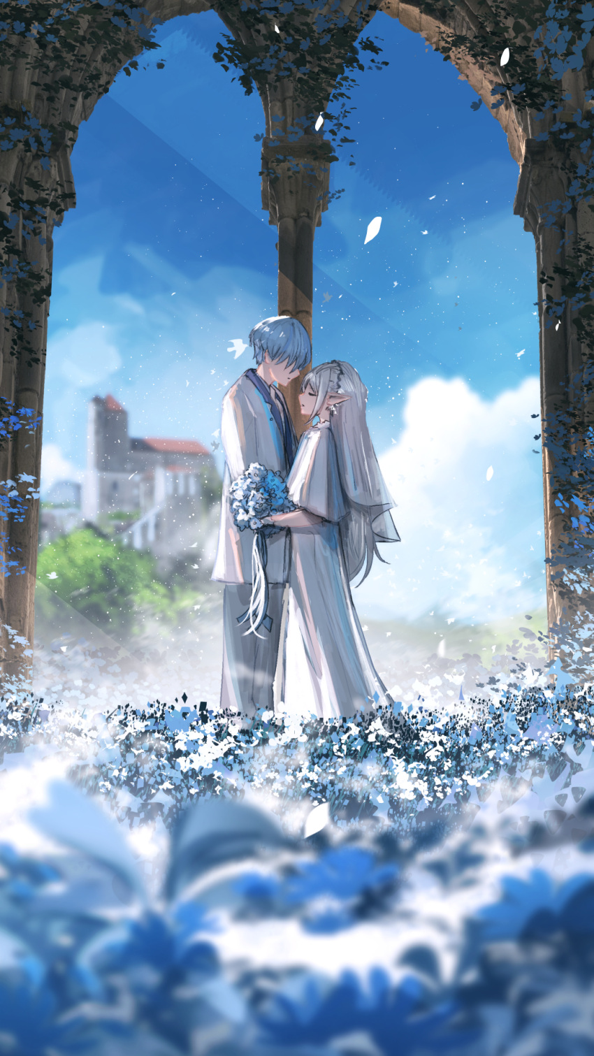 1boy 1girl advarcher blue_flower blue_hair blue_sky blurry blurry_foreground bouquet closed_eyes clouds cloudy_sky commentary couple day dress elf english_commentary field flower flower_field frieren full_body hair_down hair_over_eyes hetero highres himmel_(sousou_no_frieren) holding holding_bouquet light_particles long_hair no_eyes pointy_ears scenery short_hair sky sousou_no_frieren standing suit variant_set very_long_hair wedding wedding_dress white_dress white_hair white_suit wide_shot