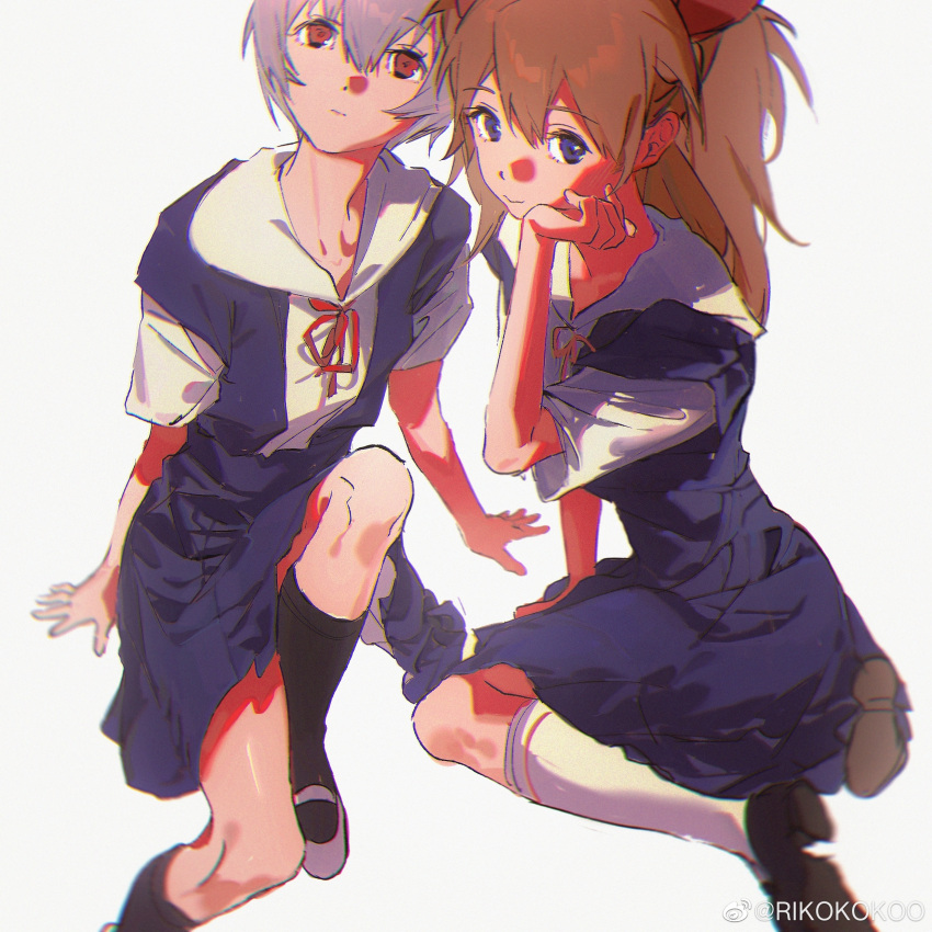 2girls absurdres ayanami_rei black_footwear black_socks blue_eyes blue_skirt blue_vest bow bowtie brown_hair chinese_commentary closed_mouth collared_shirt commentary_request expressionless eyelashes full_body hair_bow hand_on_own_chest high-waist_skirt highres knee_up kneehighs kneeling long_hair looking_at_viewer mary_janes miniskirt multiple_girls neon_genesis_evangelion open_clothes open_vest red_bow red_bowtie red_eyes riko-m sailor_collar school_uniform shirt shoes short_sleeves simple_background sitting skirt smile socks souryuu_asuka_langley tokyo-3_middle_school_uniform twintails vest watermark weibo_logo weibo_username white_background white_footwear white_sailor_collar white_shirt white_sleeves white_socks