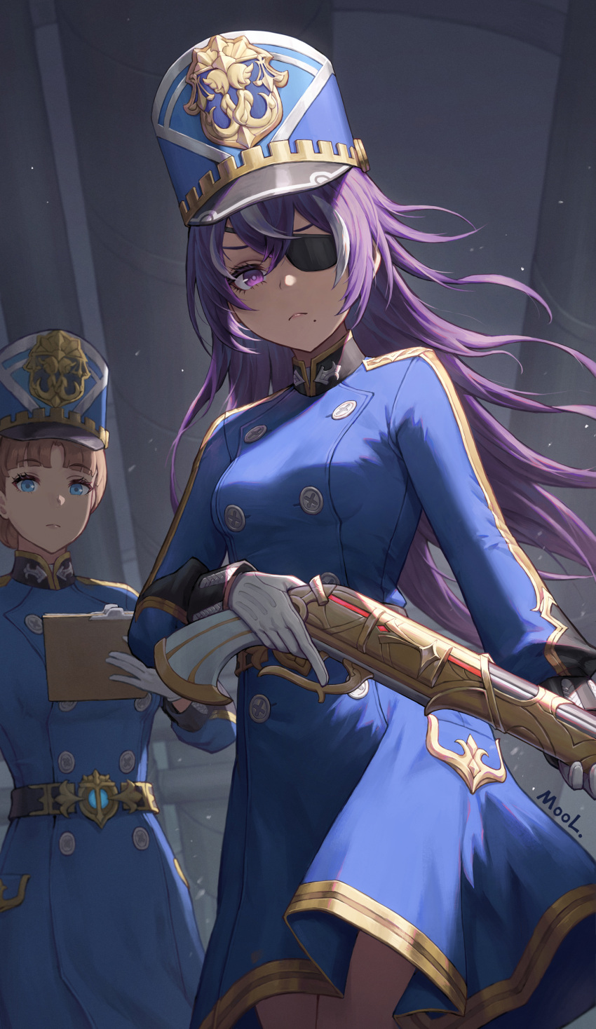 &gt;:( 2girls absurdres alternate_costume antique_firearm artist_name belt blue_coat blue_eyes blue_headwear blunt_bangs breasts brown_hair buttons chevreuse_(genshin_impact) clipboard closed_mouth coat coat_dress commentary_request cowboy_shot crossed_bangs double-breasted dress eyepatch frown genshin_impact gloves gold_trim gun hair_between_eyes hat highres holding holding_clipboard holding_gun holding_weapon long_hair long_sleeves looking_at_viewer mole mole_under_mouth mool_yueguang multicolored_hair multiple_girls pocket pointy_hair purple_hair shako_cap short_hair sidelocks small_breasts solo_focus standing streaked_hair trigger_discipline two-tone_hair upper_body v-shaped_eyebrows violet_eyes weapon white_gloves white_hair