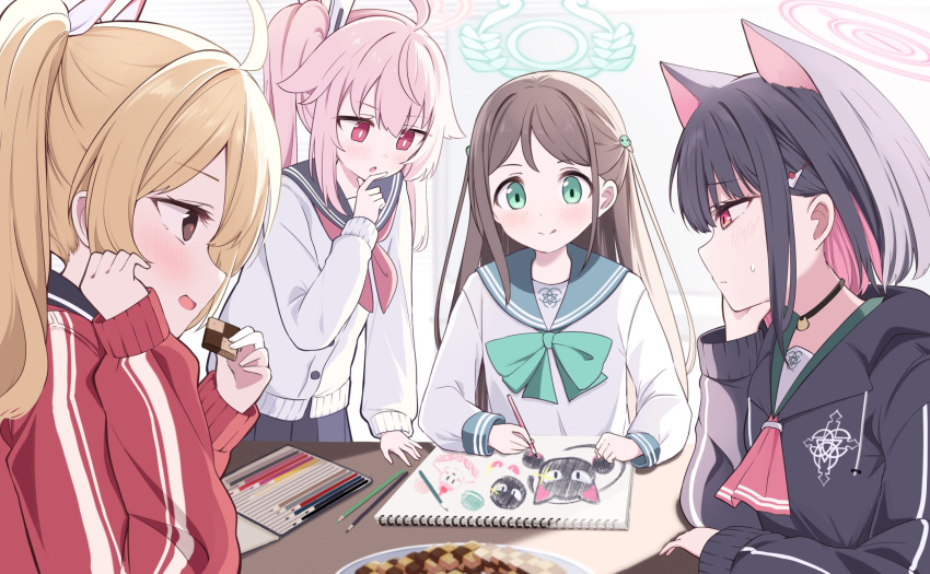 4girls :o acchii_(akina) after-school_sweets_club_(blue_archive) ahoge airi_(blue_archive) animal_ears arm_support black_choker black_hair blonde_hair blue_archive blue_sailor_collar blue_skirt blush bow bowtie bright_pupils brown_eyes cardigan cat_choker cat_ears choker closed_mouth colored_inner_hair colored_pencil commentary_request drawing drawing_(object) food food_request green_bow green_eyes green_halo green_sailor_collar hair_between_eyes hair_ornament hair_ribbon hairclip halo hand_on_own_chin head_rest highres holding holding_food holding_pencil jacket kazusa_(blue_archive) long_hair long_sleeves medium_hair multicolored_hair multiple_girls natsu_(blue_archive) neckerchief open_mouth pencil pink_hair pink_halo pink_neckerchief pleated_skirt pout red_eyes red_jacket red_neckerchief ribbon sailor_collar school_uniform serafuku shirt short_hair short_twintails side_ponytail sidelocks skirt sleeves_past_wrists smile stroking_own_chin table track_jacket twintails two-tone_hair white_cardigan white_pupils white_shirt yoshimi_(blue_archive)