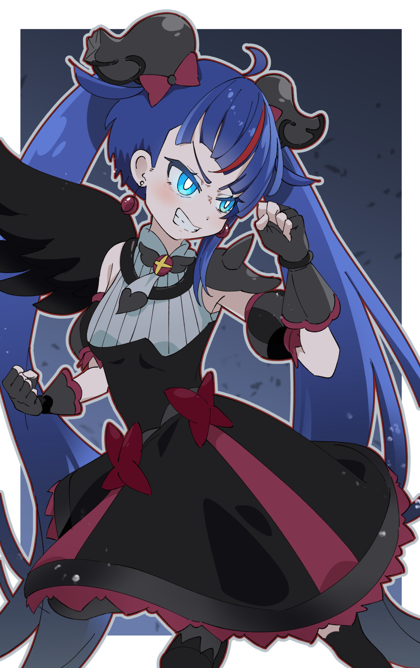 1girl absurdres armor black_dress black_thighhighs black_wings blue_eyes blue_hair bow bright_pupils brooch clenched_hands commentary cure_sky cut_bangs dark_cure_sky dark_persona detached_sleeves dress dress_bow earrings evil_grin evil_smile feathered_wings fingerless_gloves gloves greeeenmodoki2 grey_gloves grin highres hirogaru_sky!_precure jewelry leg_up long_hair looking_to_the_side magical_girl medium_dress multicolored_hair pauldrons precure puffy_detached_sleeves puffy_sleeves redhead shoulder_armor single_pauldron single_sidelock single_wing sleeveless sleeveless_dress smile solo spiked_pauldrons standing standing_on_one_leg streaked_hair thigh-highs twintails very_long_hair white_pupils wing_brooch wing_hair_ornament wings