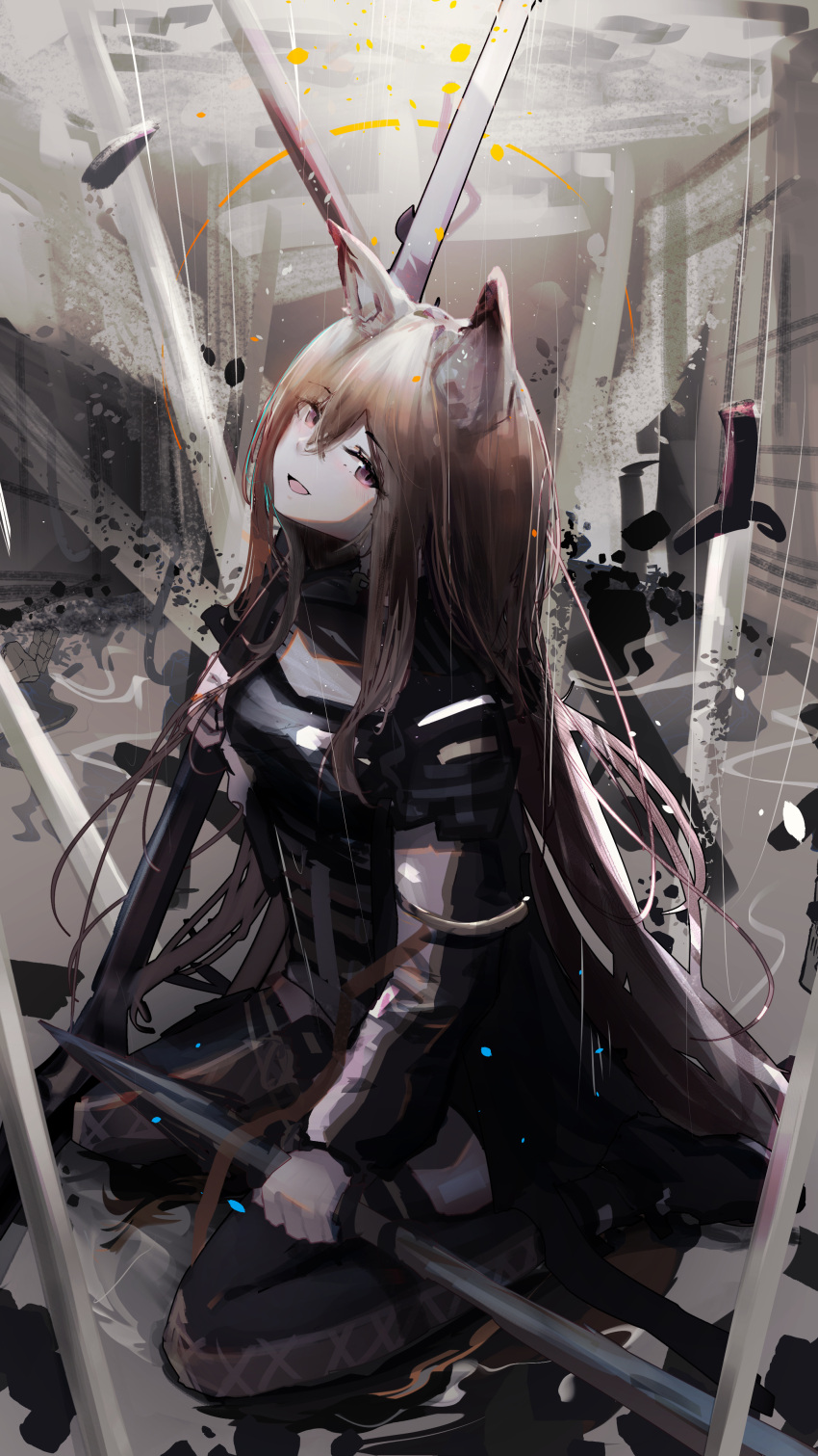 1girl absurdres animal_ears arknights black_jacket black_thighhighs brown_hair ceobe_(arknights) chinese_commentary commentary_request crossed_bangs dog_ears dog_girl hair_between_eyes highres holding holding_weapon jacket lemtun long_hair long_sleeves looking_at_viewer open_mouth red_eyes sidelocks sitting solo sword thigh-highs wariza weapon