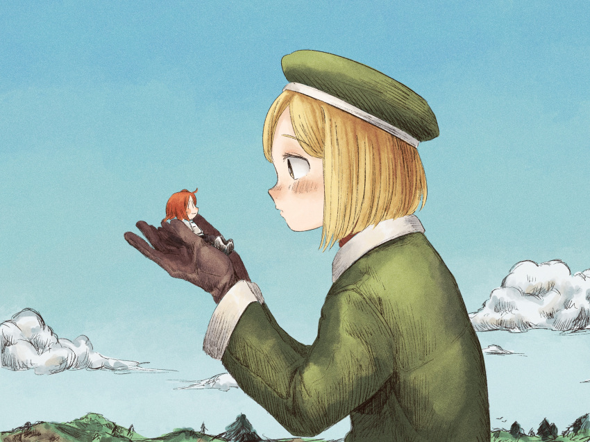 2girls beret black_gloves blonde_hair blue_sky blunt_ends blush bob_cut closed_mouth clouds commentary_request cupping_hands day eye_contact fate/grand_order fate_(series) fujimaru_ritsuka_(female) giant giantess gloves green_headwear green_jacket hand_up hat highres in_palm jacket long_sleeves looking_at_another mountainous_horizon multiple_girls nata_shelf nature orange_hair outdoors own_hands_together paul_bunyan_(fate) short_hair simple_bird sitting size_difference sky smile tree upper_body yellow_eyes