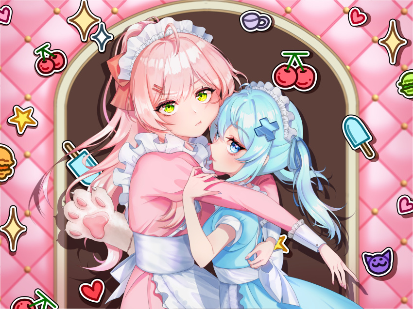2girls :3 absurdres algamja alternate_costume apron blue_dress blue_eyes blue_hair bow cherry dress enmaided food frilled_apron frills fruit gosegu green_eyes hair_bow hair_ornament hairclip highres light_blue_hair long_sleeves looking_at_viewer maid maid_headdress multiple_girls pink_dress pink_hair ponytail popsicle pout puffy_long_sleeves puffy_short_sleeves puffy_sleeves red_bow short_sleeves sparkle twintails viichan virtual_youtuber waist_apron waktaverse white_apron