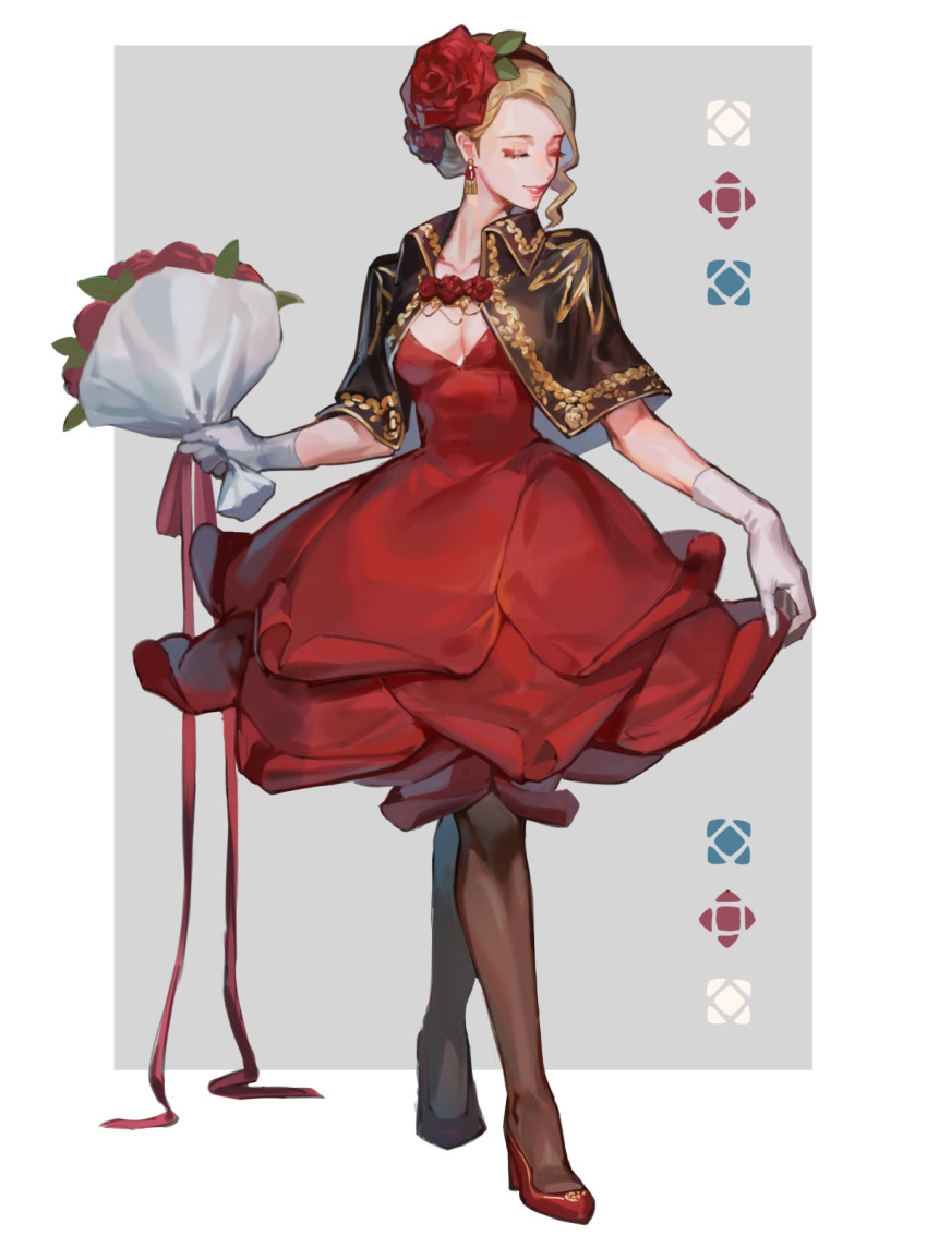 1girl aruk bouquet breasts capelet closed_eyes commentary_request dress earrings flower full_body gloves hair_flower hair_ornament high_heels highres holding holding_bouquet jewelry lipstick makeup original pantyhose red_dress red_flower red_footwear red_rose rose short_hair solo white_gloves