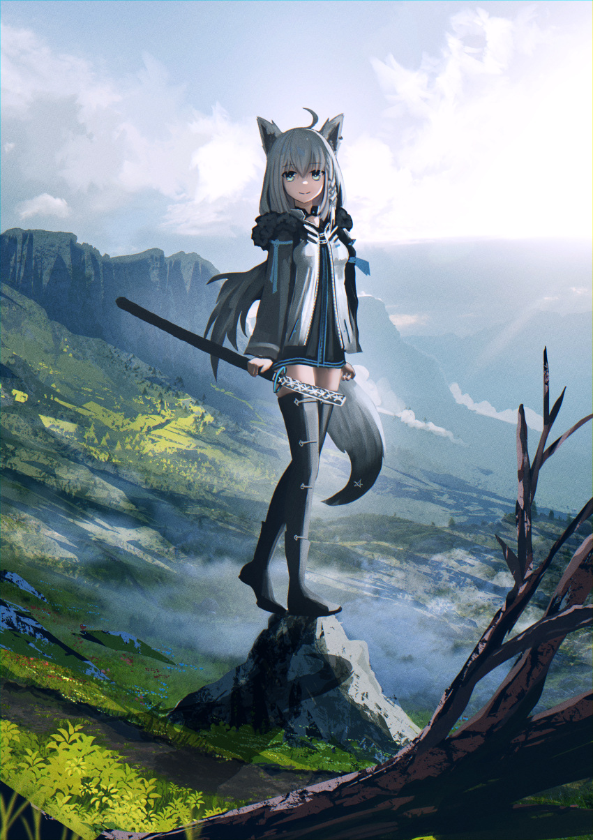 1girl absurdres advarcher ahoge animal_ear_fluff animal_ears bare_tree black_jacket blue_eyes blue_sky boots building closed_mouth clouds cloudy_sky commentary cropped cross day english_commentary floating_island fox_ears fox_girl fox_tail full_body fur_trim grass highres holding holding_sheath hololive jacket landscape long_sleeves official_alternate_costume open_clothes open_jacket outdoors rock sheath shirakami_fubuki shirakami_fubuki_(fubukitek) shirt sky smile solo standing sun sunlight sword tail thigh_boots tree virtual_youtuber weapon white_hair zettai_ryouiki
