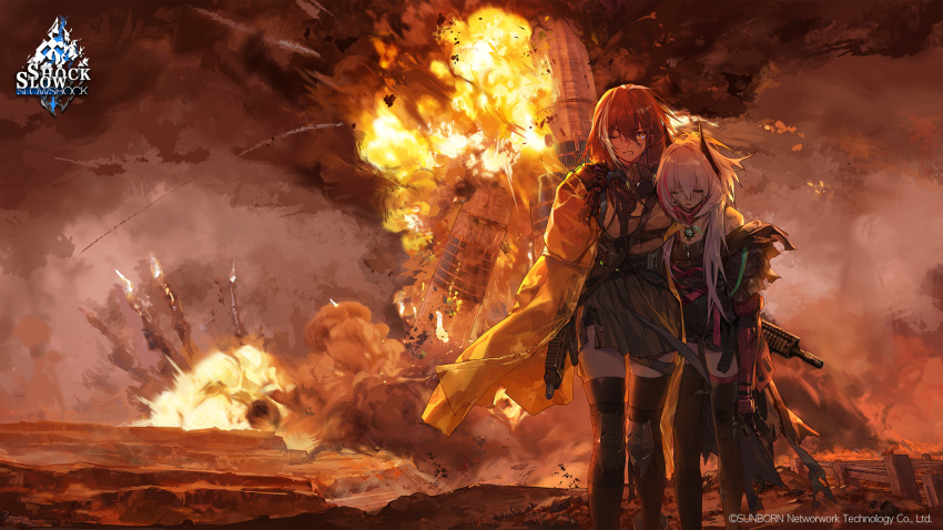 2girls artist_request black_hair black_skirt black_thighhighs blonde_hair breasts building carrying carrying_over_shoulder carrying_person clenched_teeth closed_eyes coat colt_9mm_smg commentary company_name copyright_notice debris destruction english_commentary explosion feet_out_of_frame fire gas_mask girls_frontline grass gun hair_between_eyes headgear highres holding holding_gun holding_weapon in-universe_location knee_pads large_breasts looking_at_viewer m4_sopmod_ii m4_sopmod_ii_(girls'_frontline) m4_sopmod_ii_(mod3)_(girls'_frontline) mask mechanical_arms multicolored_hair multiple_girls official_art one_eye_closed redhead ro635_(girls'_frontline) ro635_(mod3)_(girls'_frontline) second-party_source single_mechanical_arm skirt smoke soot spoilers strap streaked_hair teeth thigh-highs torn_clothes torn_skirt tower v-shaped_eyebrows weapon white_hair yellow_coat