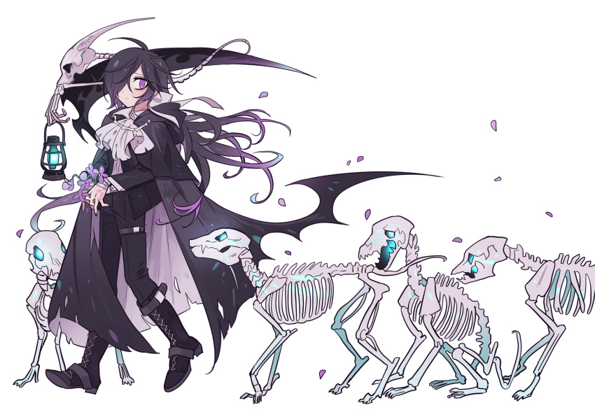 1boy absurdres androgynous animal_skeleton ascot black_cape black_footwear black_hair black_pants blue_eyes boots cape flower full_body glowing glowing_eye highres holding holding_flower holding_lantern holding_scythe knee_boots lantern long_hair long_sleeves looking_back low_ponytail male_focus meremero original pants petals purple_flower scratches scythe solo thigh_strap torn_cape torn_clothes undead very_long_hair violet_eyes walking white_ascot white_background