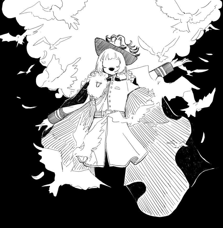 1girl aiguillette belt bird blending cape charlie_(reverse:1999) chinese_commentary clouds commentary_request falling_feathers greyscale hat_feather highres jacket long_hair long_sleeves monochrome no_eyes open_mouth outstretched_arms reverse:1999 same_(uminiiru1000s) solo