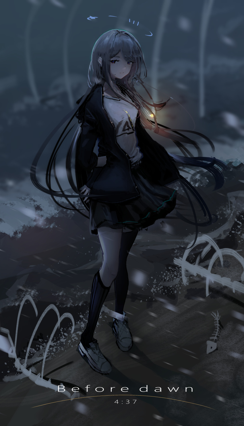 1girl absurdres black_jacket black_skirt black_socks black_thighhighs blue_eyes breasts chinese_commentary closed_mouth commentary_request english_commentary english_text fish_skeleton floating_hair full_body grabbing_own_arm grey_hair halo highres jacket kneehighs lemtun long_hair looking_at_viewer medium_breasts mixed-language_commentary open_clothes open_jacket original shirt single_sock single_thighhigh skirt sleeves_past_elbows snow socks solo standing thigh-highs timestamp variant_set white_footwear white_shirt