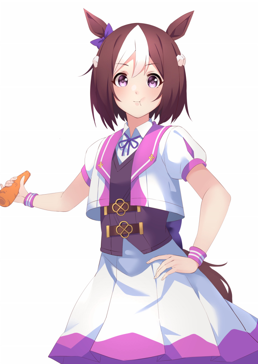 1girl ahoge animal_ears braid brown_hair carrot clenched_hands collared_shirt commentary_request cowboy_shot french_braid hair_between_eyes hand_on_own_hip highres holding holding_carrot horse_ears horse_girl horse_tail jacket looking_at_viewer miya_star_saa open_clothes open_jacket open_mouth petticoat pleated_skirt puffy_short_sleeves puffy_sleeves purple_ribbon ribbon sailor_collar shirt short_hair short_sleeves simple_background skirt smile solo special_week_(umamusume) tail umamusume violet_eyes white_background white_jacket white_skirt wrist_cuffs