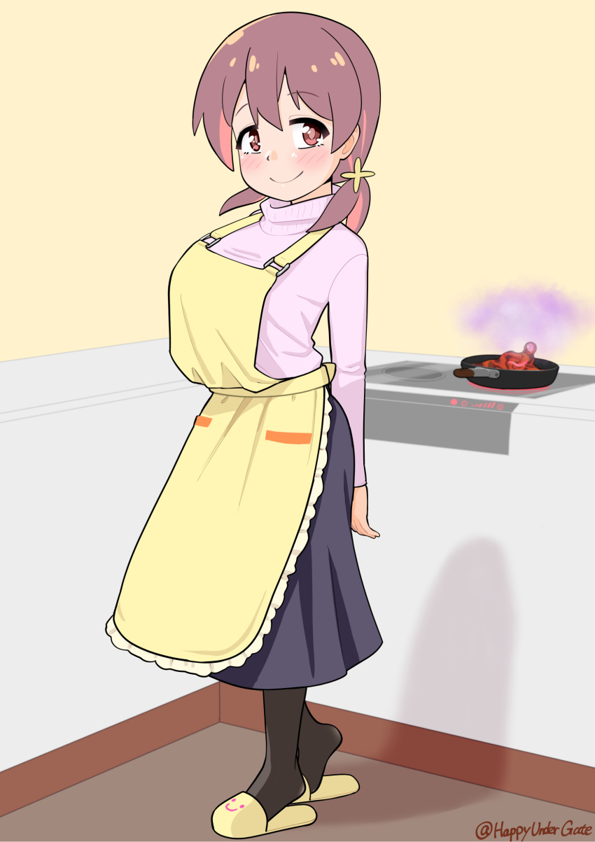 1girl absurdres apron artist_name bad_food black_pantyhose black_skirt brown_eyes brown_hair colored_inner_hair commentary frying_pan full_body hair_between_eyes happyundergate highres indoors light_blush long_hair long_sleeves looking_at_viewer low_twintails multicolored_hair murosaki_miyo onii-chan_wa_oshimai! pantyhose pink_shirt redhead shirt skirt slippers smile smoke solo standing stove turtleneck twintails twitter_username two-tone_hair yellow_apron