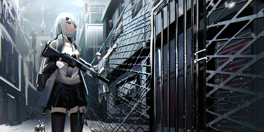 1girl absurdres backpack bag black_skirt black_thighhighs breasts chain-link_fence chinese_commentary cityscape commentary_request corpse fence finger_on_trigger grey_eyes grey_jacket gun hair_ornament hairclip highres holding holding_gun holding_weapon jacket lemtun long_hair miniskirt open_clothes open_jacket original parted_lips shirt sidelocks skirt small_breasts snow solo standing thigh-highs variant_set weapon white_hair white_shirt zettai_ryouiki