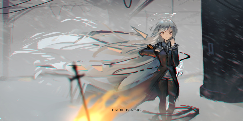 1girl absurdres black_coat black_pantyhose chromatic_aberration coat commentary detached_wings english_commentary grey_hair hair_ornament hairclip halo highres lemtun long_hair long_sleeves orange_eyes original pantyhose snow solo standing very_long_hair wings