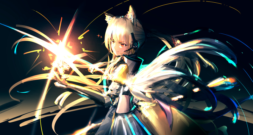1girl absurdres animal_ear_fluff animal_ears arknights armor blonde_hair chinese_commentary closed_mouth commentary_request earpiece floating_hair highres holding horse_ears horse_girl lemtun light nearl_(arknights) nearl_the_radiant_knight_(arknights) orange_eyes ponytail solo sparks
