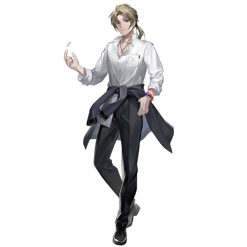 1boy artist_request belt black_footwear black_pants blonde_hair blue_wristband breast_pocket closed_mouth clothes_around_waist coin coin_flip collared_shirt dog_tags ear_piercing full_body girls_frontline hand_in_pocket highres jacket jacket_around_waist long_hair long_sleeves looking_at_viewer male_focus multiple_wristbands official_art pants piercing pocket ponytail ramzan_(girls'_frontline) red_wristband shirt shoes simple_background smile solo standing third-party_source transparent_background violet_eyes white_shirt