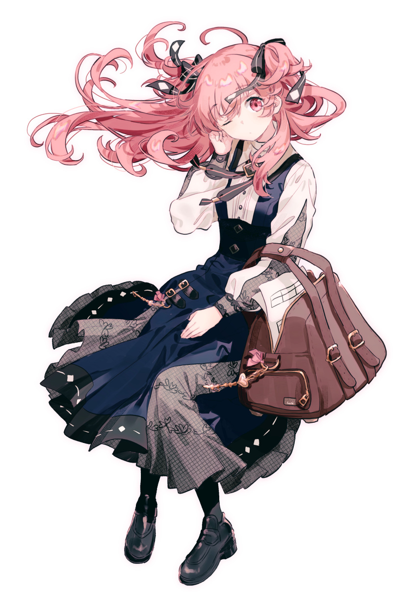 1girl absurdres bag belt belt_buckle black_bow black_footwear blue_dress bow brown_bag buckle buttons closed_mouth collared_shirt dress floating_hair floral_print hair_bow hand_up highres invisible_chair long_sleeves looking_at_viewer migolu momoi_airi one_eye_closed pink_eyes pink_hair project_sekai puffy_long_sleeves puffy_sleeves re-tie_friendship_(project_sekai) shirt shoes simple_background sitting solo two_side_up white_background white_shirt zipper zipper_pull_tab