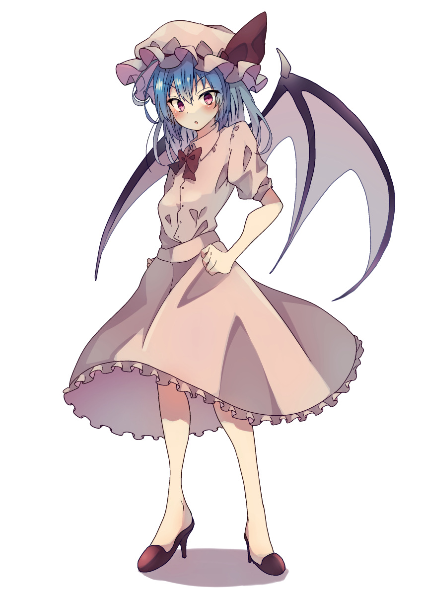 1girl absurdres blue_hair blush bow bowtie commentary_request demon_wings flandre_scarlet frilled_skirt frills full_body hair_between_eyes hand_on_own_hip hat high_heels highres looking_at_viewer medium_hair mob_cap open_mouth pink_headwear pink_shirt pink_skirt puffy_short_sleeves puffy_sleeves red_bow red_bowtie red_eyes red_footwear seika_okawari shirt short_sleeves simple_background skirt solo standing touhou tsurime v-shaped_eyebrows white_background wings