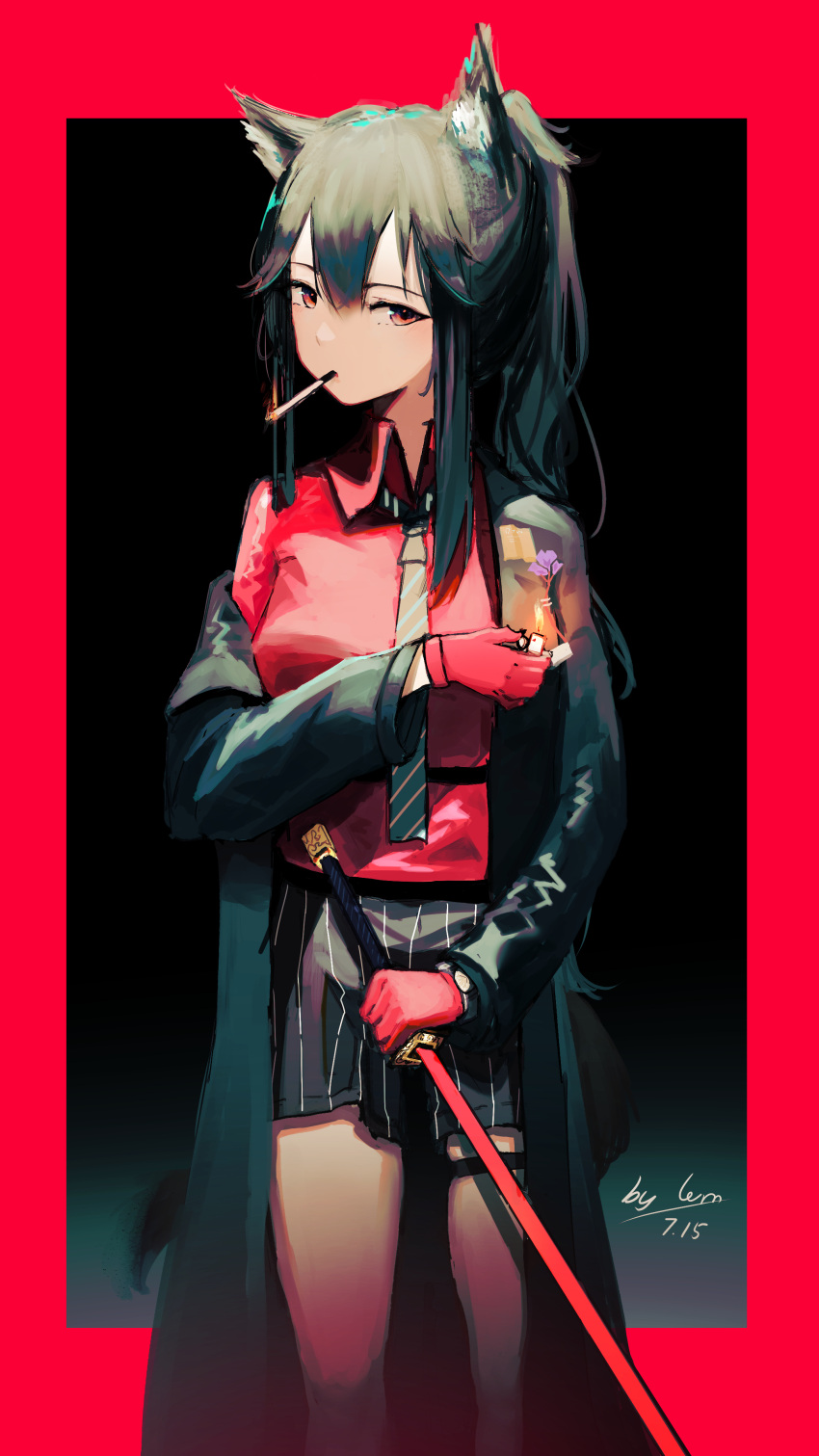 1girl absurdres animal_ear_fluff animal_ears arknights black_coat black_hair black_shorts border brown_necktie cigarette coat collared_shirt dated hair_between_eyes highres lemtun long_hair long_sleeves looking_at_viewer necktie official_alternate_costume open_clothes open_coat outside_border red_border red_eyes red_shirt shirt shorts sidelocks signature single_off_shoulder smoking solo tail texas_(arknights) texas_(willpower)_(arknights) wolf_ears wolf_girl wolf_tail