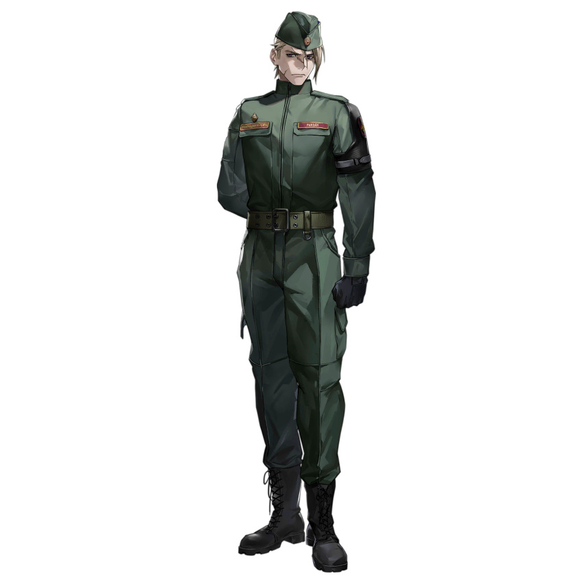 1boy arm_behind_back armband artist_request belt black_footwear black_gloves blonde_hair boots clenched_hand closed_mouth cross-laced_footwear full_body garrison_cap girls_frontline gloves green_headwear green_jacket green_pants hat highres jacket lace-up_boots looking_at_viewer male_focus military_uniform name_tag official_art pants ramzan_(girls'_frontline) scar scar_on_face short_hair simple_background solo standing third-party_source transparent_background uniform v-shaped_eyebrows violet_eyes
