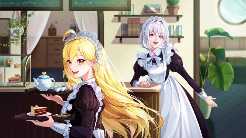 :d absurdres ahoge algamja alternate_costume apron black_dress blonde_hair bow bowtie cafe cake cake_slice carrying cup dress enmaided food frilled_apron frills hair_intakes highres indoors ine_(vtuber) jingburger lace-trimmed_headwear lace_trim long_hair long_sleeves looking_at_viewer maid maid_apron maid_headdress menu_board outstretched_arm plant ponytail potted_plant puffy_long_sleeves puffy_sleeves red_eyes smile tea teacup teapot tray very_long_hair violet_eyes virtual_youtuber waktaverse white_apron white_bow white_bowtie white_hair