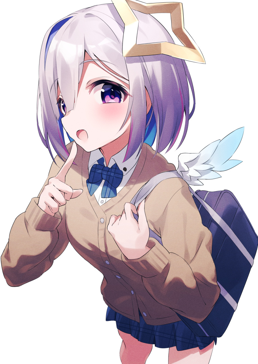 1girl alternate_costume amane_kanata angel angel_wings bag blue_hair blue_skirt collared_shirt colored_inner_hair finger_to_mouth fragir grey_hair hair_intakes halo highres hololive looking_through_legs multicolored_hair open_mouth school_bag shirt short_hair skirt star_halo violet_eyes virtual_youtuber white_background white_shirt wings