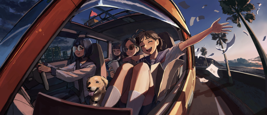 4girls absurdres black_hair blue_sailor_collar blue_skirt brown_hair building car clenched_teeth closed_eyes commentary cup dog drinking_straw driving glasses highres holding holding_cup kneehighs knees_up long_sleeves making-of_available map motor_vehicle multiple_girls neckerchief ocean one_eye_closed open_mouth open_window original palm_tree pleated_skirt ponytail red_neckerchief sailor_collar school_uniform seatbelt serafuku shirt short_hair short_sleeves skirt smile socks sunglasses teeth tree upper_teeth_only white_shirt white_socks window zenroziura