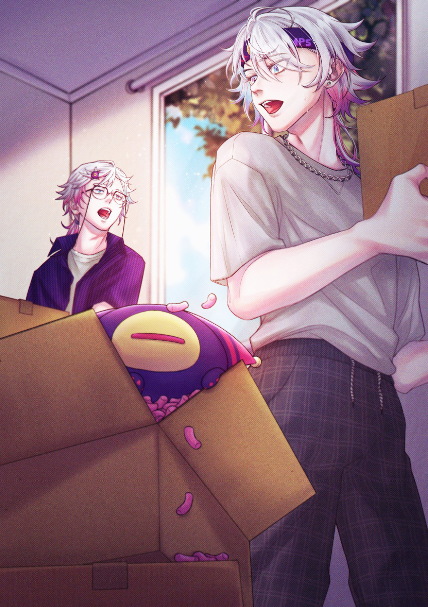 2boys absurdres bettel_2_(gavis_bettel) blue_eyes blue_hair box brothers cardboard_box carrying chain_necklace creature earrings english_commentary from_below gavis_bettel glasses grey_hair headband heterochromia highres holostars holostars_english indoors jewelry looking_at_another low_ponytail makiei male_focus multicolored_hair multiple_boys necklace open_mouth packing_peanuts phantom_(gavis_bettel) pink_eyes pink_hair shirt siblings standing sunlight sweat twins upper_body virtual_youtuber white_shirt window