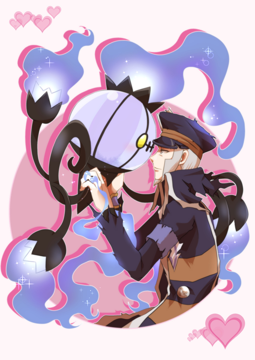1boy absurdres armband black_coat black_headwear buttons chandelure closed_mouth coat commentary_request eye_contact facial_hair from_side goatee grey_eyes grey_hair hands_up hat heart high_collar highres ingo_(pokemon) long_sleeves looking_at_another male_focus pokemon pokemon_(creature) pokemon_legends:_arceus short_hair striped_coat torn_clothes torn_coat yozakur609