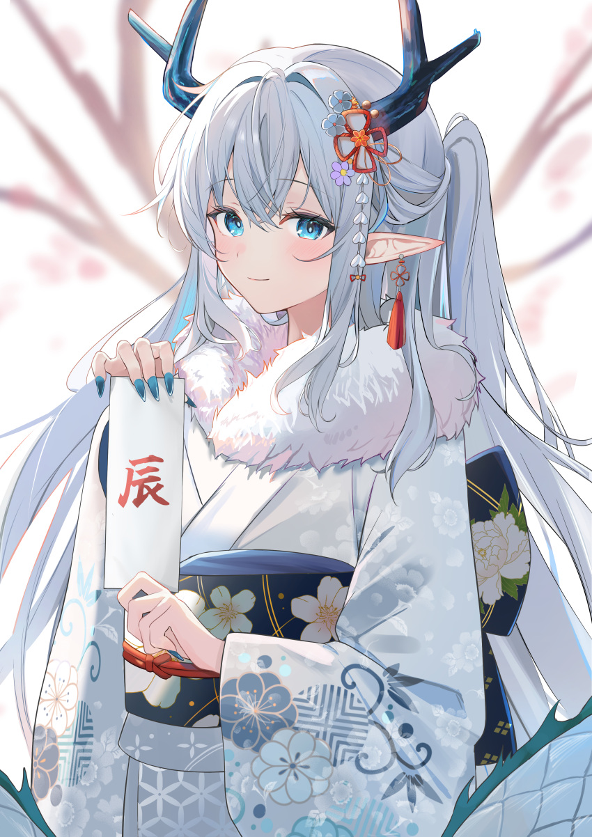 1girl absurdres blue_eyes blue_nails blurry blurry_background branch chinese_zodiac closed_mouth commentary_request depth_of_field dragon_girl dragon_horns dragon_tail fingernails floral_print fur_collar grey_hair grey_kimono hair_between_eyes hair_intakes highres holding horns japanese_clothes kimono long_fingernails long_hair long_sleeves nail_polish obi original pointy_ears ponytail print_kimono sash sharp_fingernails smile solo sora01o tail very_long_hair wide_sleeves year_of_the_dragon