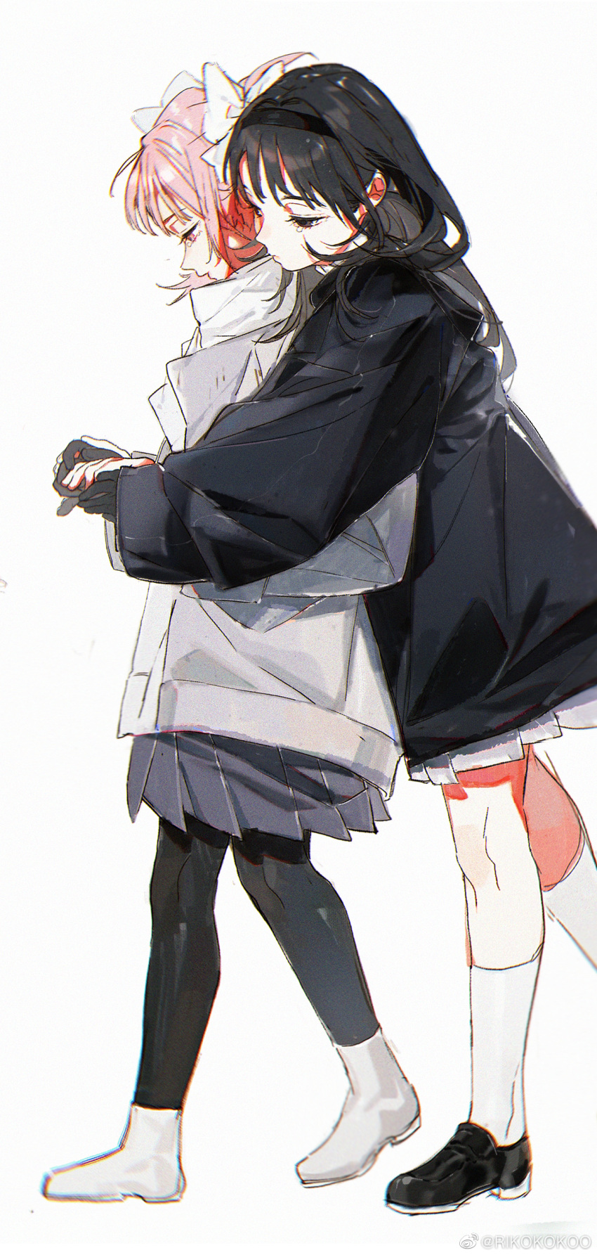 2girls absurdres akemi_homura alternate_costume black_coat black_footwear black_gloves black_hair black_hairband black_pantyhose black_sleeves blue_skirt boots bow closed_mouth coat commentary expressionless eyelashes from_side full_body gloves hair_bow hairband half-closed_eyes highres hug hug_from_behind kaname_madoka kneehighs knees long_hair long_sleeves looking_at_hands mahou_shoujo_madoka_magica mahou_shoujo_madoka_magica_(anime) miniskirt multiple_girls open_clothes open_coat pantyhose parted_lips pink_eyes pink_hair pleated_skirt riko-m scarf shoes short_hair short_twintails simple_background skirt sleeves_past_wrists socks symbol-only_commentary tearing_up twintails violet_eyes walking white_background white_bow white_coat white_footwear white_scarf white_skirt white_socks winter_clothes winter_coat yuri