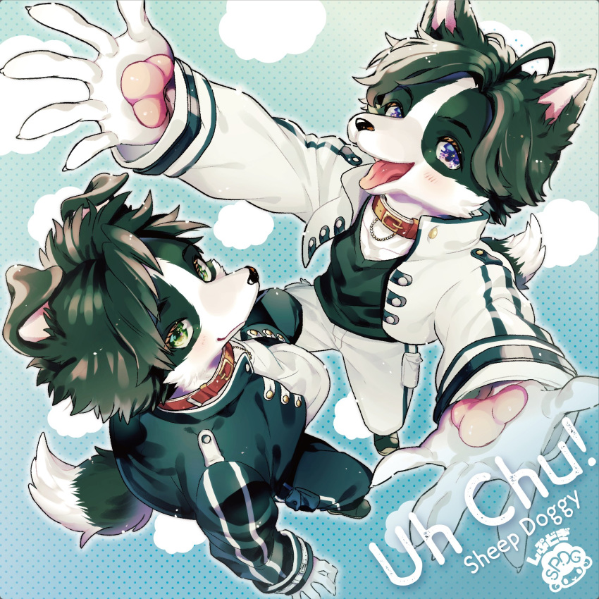 2boys ahoge animal_collar animal_ears animal_hands arms_up artist_logo artist_name bishounen black_footwear black_fur black_hair black_jacket black_pants black_shirt blue_background body_fur claws closed_mouth cloud_background collar cropped_jacket dog_boy dog_ears dog_tail english_text full_body furry furry_male gradient_background green_eyes high_collar highres jacket light_blush long_sleeves looking_at_viewer mokotalow11 multiple_boys open_clothes open_jacket open_mouth original pants perspective polka_dot polka_dot_background reaching reaching_towards_viewer red_collar shirt short_hair siblings standing tail tongue tongue_out twins violet_eyes white_fur white_jacket white_pants white_shirt