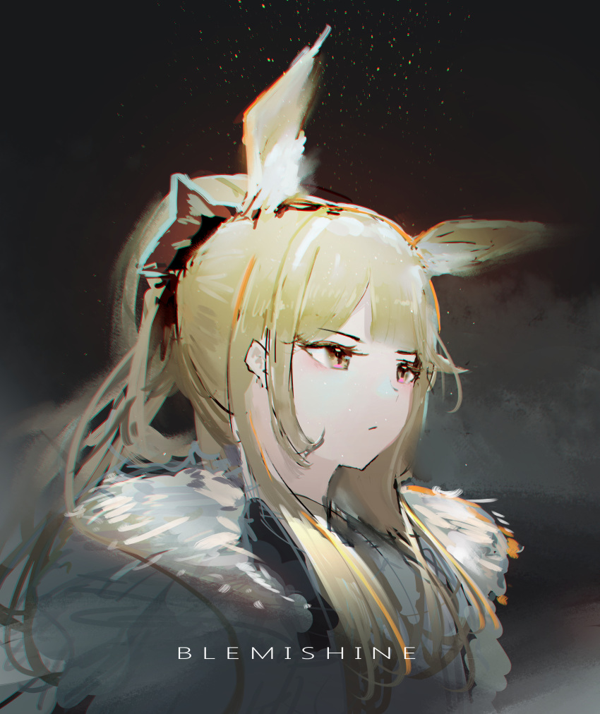 1girl absurdres animal_ear_fluff animal_ears arknights blemishine_(arknights) blonde_hair chinese_commentary chromatic_aberration commentary_request fur_trim highres horse_ears horse_girl lemtun light_particles long_hair orange_eyes ponytail portrait sidelocks solo