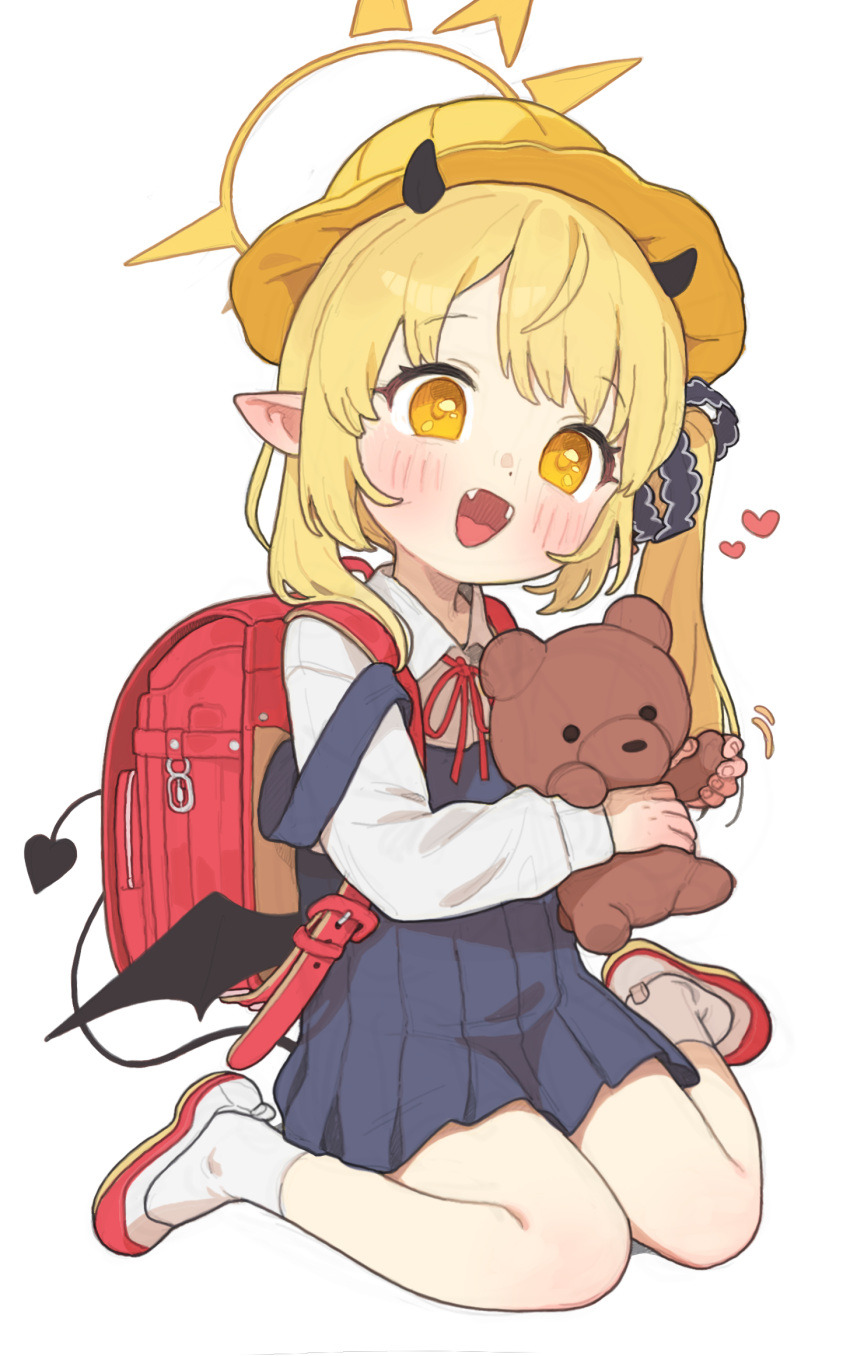 1girl backpack bag blonde_hair blue_archive blush bow bowtie commentary_request demon_horns demon_tail demon_wings dress dress_shirt fangs full_body halo heart highres holding holding_stuffed_toy horns ibuki_(blue_archive) long_sleeves looking_to_the_side medium_hair open_mouth opossumachine pinafore_dress pointy_ears randoseru red_bag red_bow red_bowtie red_footwear school_uniform shirt simple_background sitting sleeveless sleeveless_dress socks solo strap_slip stuffed_animal stuffed_toy tail teddy_bear wariza white_background white_socks wings yellow_eyes yellow_halo yellow_headwear