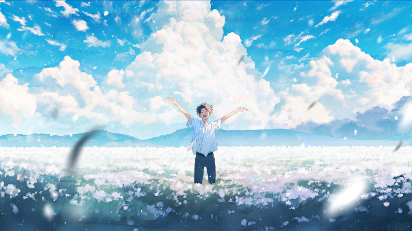 1boy arms_up belt black_belt black_hair black_pants blue_sky blurry blurry_foreground closed_eyes clouds cloudy_sky cumulonimbus_cloud day facing_viewer field flower flower_field happy highres light_particles looking_at_viewer male_focus mountainous_horizon nakamura_yukihiro open_mouth original outdoors pants shirt short_hair short_sleeves sky solo standing white_flower white_shirt
