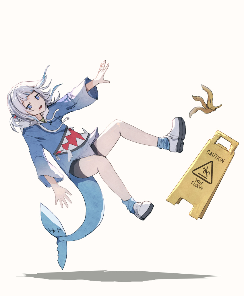 1girl absurdres advarcher animal_costume animal_hood banana_peel blue_eyes blue_hair blue_hoodie blue_socks blunt_bangs commentary_request denim drawstring falling fins fish_tail full_body gawr_gura gawr_gura_(1st_costume) grey_hair hair_ornament highres hololive hololive_english hood hoodie long_sleeves medium_hair multicolored_hair open_mouth shark_costume shark_girl shark_hair_ornament shark_hood shark_tail sharp_teeth shirt shoes sign simple_background slipping socks solo streaked_hair t-shirt tail teeth two_side_up virtual_youtuber warning_sign white_background white_footwear wide_sleeves