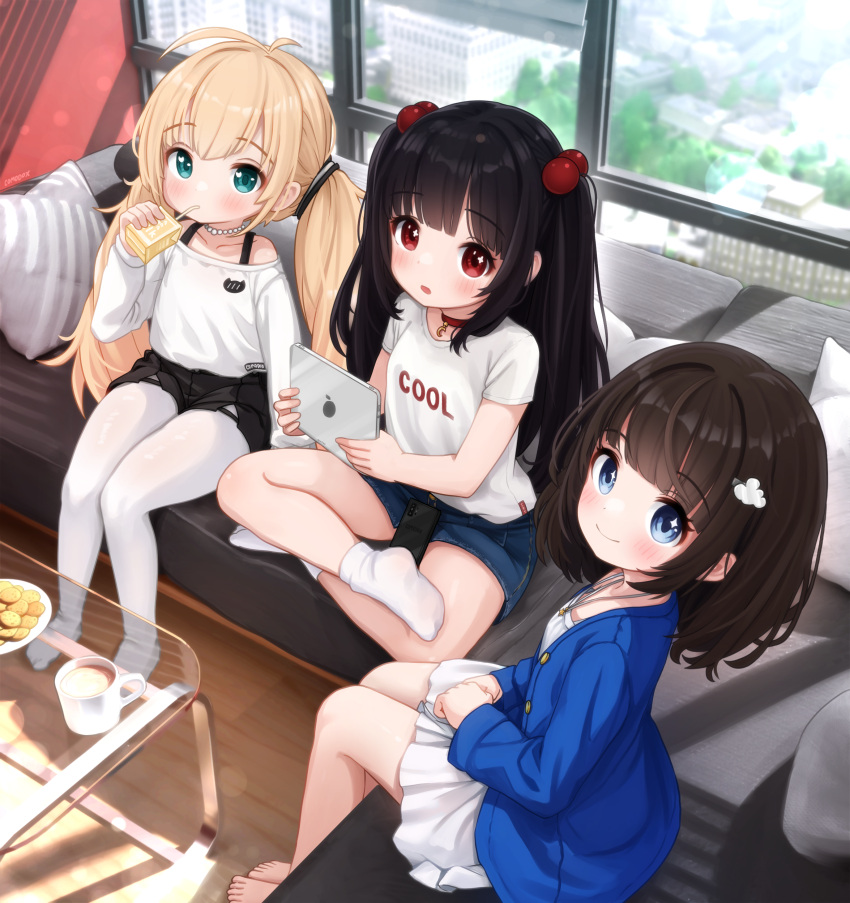 3girls absurdres aqua_eyes artist_name bare_legs bare_shoulders barefoot bendy_straw black_hair black_shorts blonde_hair blue_cardigan blue_eyes blue_skirt blush breasts brown_hair cardigan cellphone choker closed_mouth cloud_hair_ornament coffee_mug collarbone comodomodo cookie couch cup denim denim_skirt dress drinking drinking_straw dutch_angle english_text faeryn_(comodomodo) feet food from_above glass_table hair_bobbles hair_ornament hairclip highres holding holding_tablet_pc indian_style indoors jewelry juice_box knees_together_feet_apart legs_together long_hair long_sleeves looking_at_viewer lulla_(comodomodo) medium_hair miniskirt miu_(comodomodo) mug multiple_girls necklace no_shoes off-shoulder_shirt off_shoulder on_couch open_mouth original pantyhose pantyhose_under_shorts pearl_necklace pendant_choker phone pleated_dress red_choker red_eyes shirt short_shorts short_sleeves shorts signature sitting skirt small_breasts smartphone smile socks star_(symbol) star_in_eye symbol_in_eye t-shirt table tablet_pc toes twintails two_side_up underwear very_long_hair white_dress white_pantyhose white_shirt white_socks window