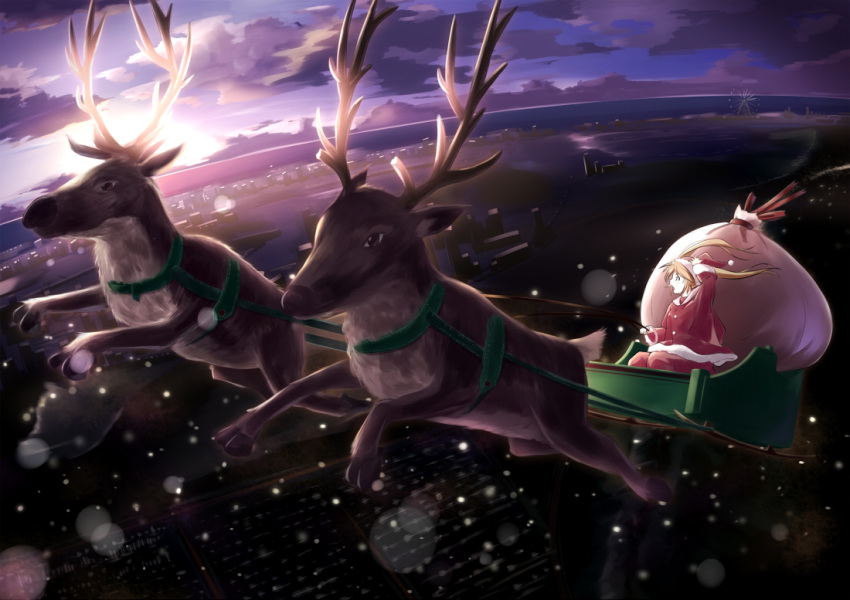 1girl arm_up blonde_hair christmas cityscape clouds cloudy_sky commentary_request floating_hair foreshortening gift_bag hat long_hair long_sleeves looking_afar midair nakatsu_shizuru open_mouth profile reindeer rewrite santa_costume santa_hat sky sleigh snowing solo sunrise tagame_(tagamecat) twintails wide_shot wind winter